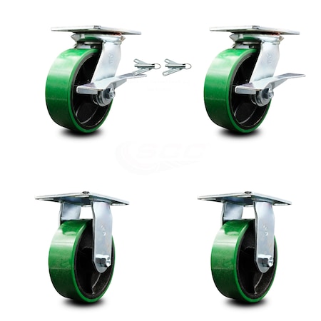 6 Inch Green Poly On Cast Iron Caster Brakes/Swivel Locks And 2 Rigid SCC, 2PK